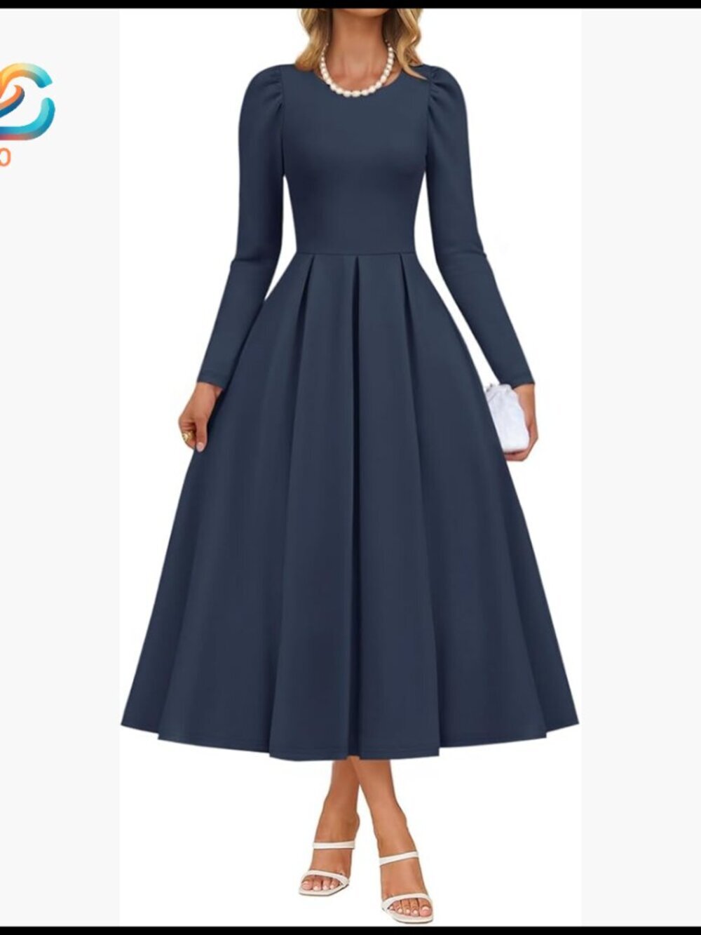 Long Sleeve Midi Dress with Pockets, Crewneck, A-Line Swing Skirt, Formal